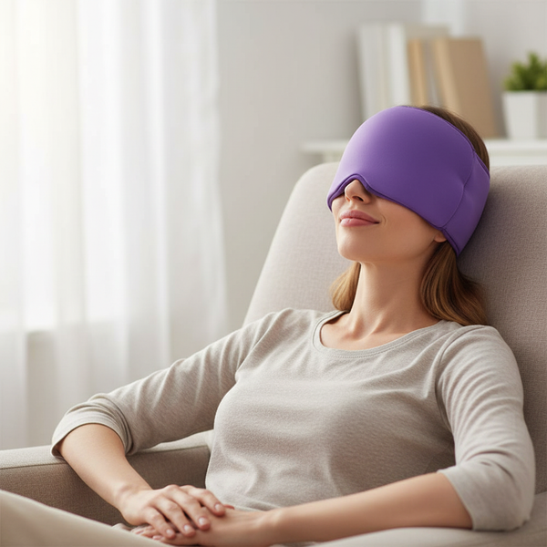Person using the purple migraine mask with relief